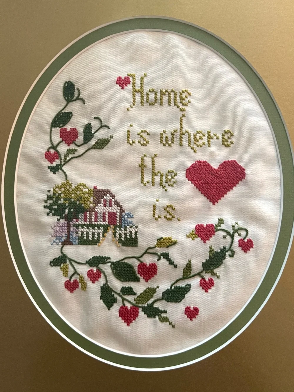 Framed Vintage Cross Stitched Home is Where the Heart Is Wall Art - Gold Brown